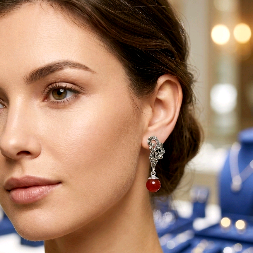 Marcasite And Carnelian Drop Earrings